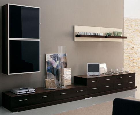 Mobilă living deschisă cu polițe și spații TV